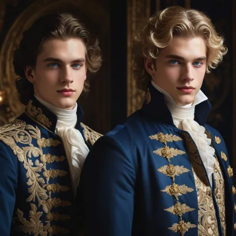 2 handsome 18 year old man with beautiful detailed blue eyes, perfect nose, alluring lips, flowing blonde hair, soft smile, faint blush, royal backdrop, ornate uniform with gold embroidery, medals, blue sash, warm evening lighting, photorealistic, high qua...