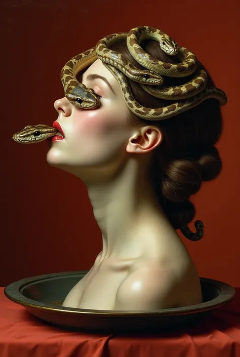 a classic baroque style painting where reddish and dull tones dominate, where you can see the profile face of a beautiful woman decapitated on a tray, the head is made and she is biting her hair made up of snakes, a snake It covers the eyes, another is on ...