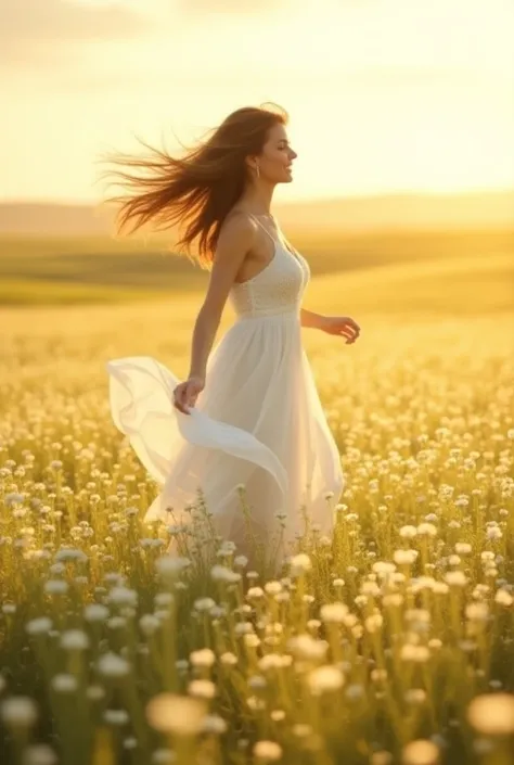 a green savannah field overgrown with white flowers and there is a woman in a white dress and long hair, running around enjoying the sunny weather 