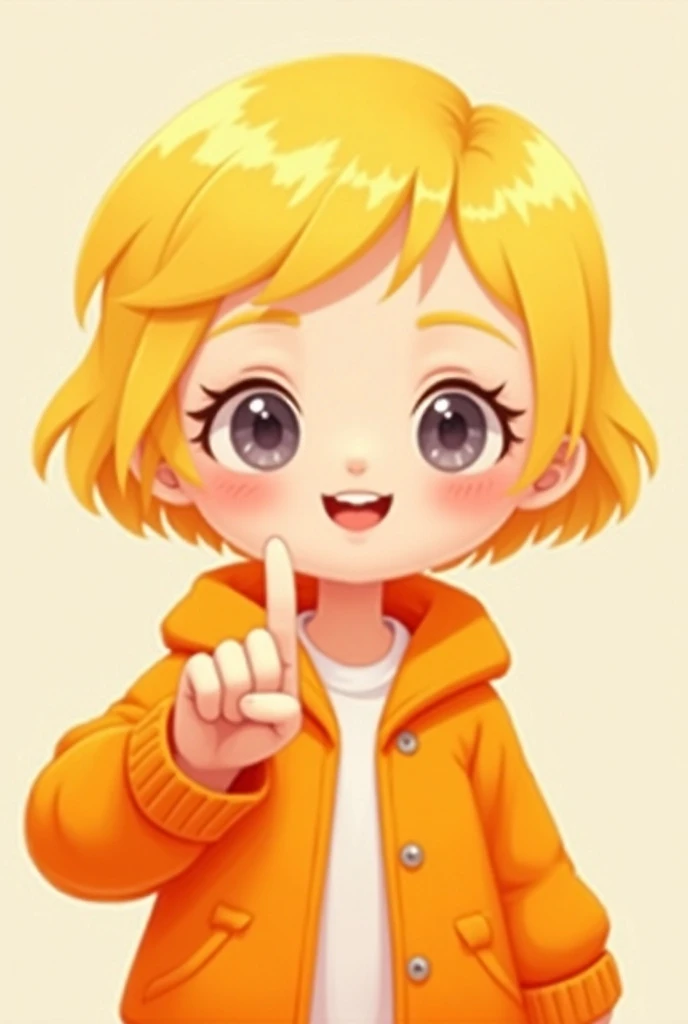  Cartoon cute girl , wearing yellow ,  short hair, wearing an orange jacket, Im holding two fingers to the camera.