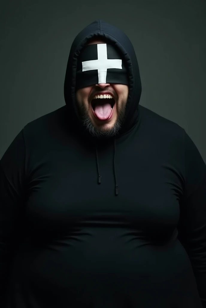 
>  A smiling person with his eyes covered by a dark cloth ,  with a large white cross in the forehead area .  The expression is playful and daring ,  with his tongue out showing white teeth in a wide smile .  The scene is set in cold and dark tones ,  cre...