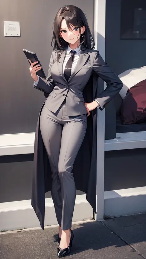 sexy woman in grey pantsuit　tie　smile　 Hi-Res　High image quality　