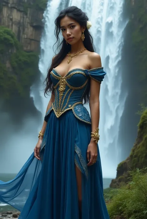 Create a detailed poster of fantasy-inspired portrait of a dark-haired, noble woman standing near a waterfall. She wears a flowing blue gown adorned with golden embroidery and intricate patterns. The gown features an elegant, revealing her beautiful body d...