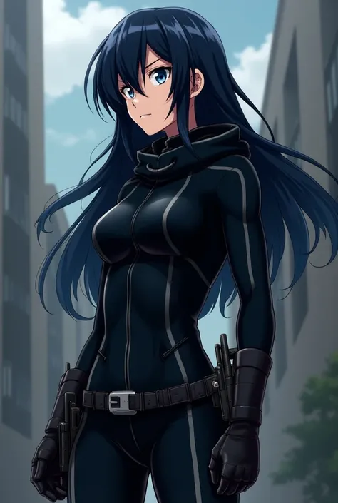 20 years old girl long black hair with a navy blue stripe black full body combat suit with hood black fingerless gloves 2 weapons on belt living in My hero academia 