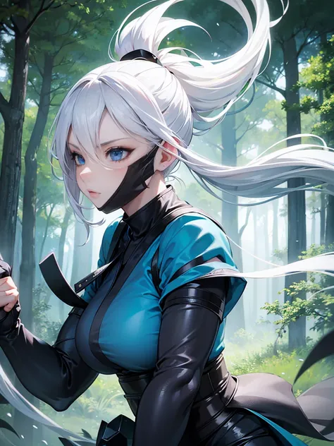 1 Beautiful white haired, girl, ponytail, blue eyes, ninja girl, fight, forest cgi background, ninja face mask, full, solo, hyperdetailed body