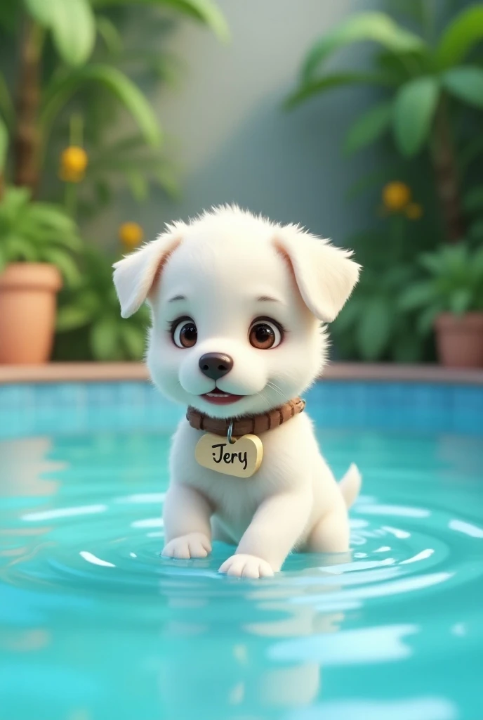 Cute white Fresch Pool puppy with a bony collar with the name “Terry”