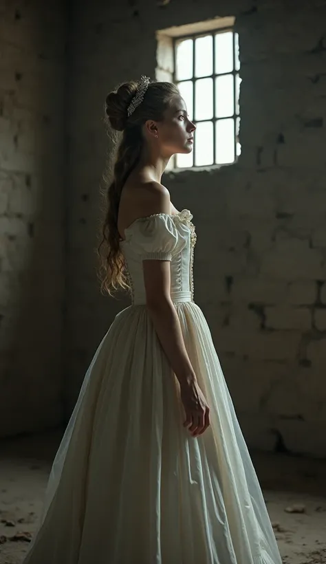 "A hyper-realistic image of Marie Antoinette standing in a prison cell, dressed in a simple white gown, her face showing a mixture of fear and dignity as she prepares for execution. Her gaze is focused out of a small barred window where light streams in, c...