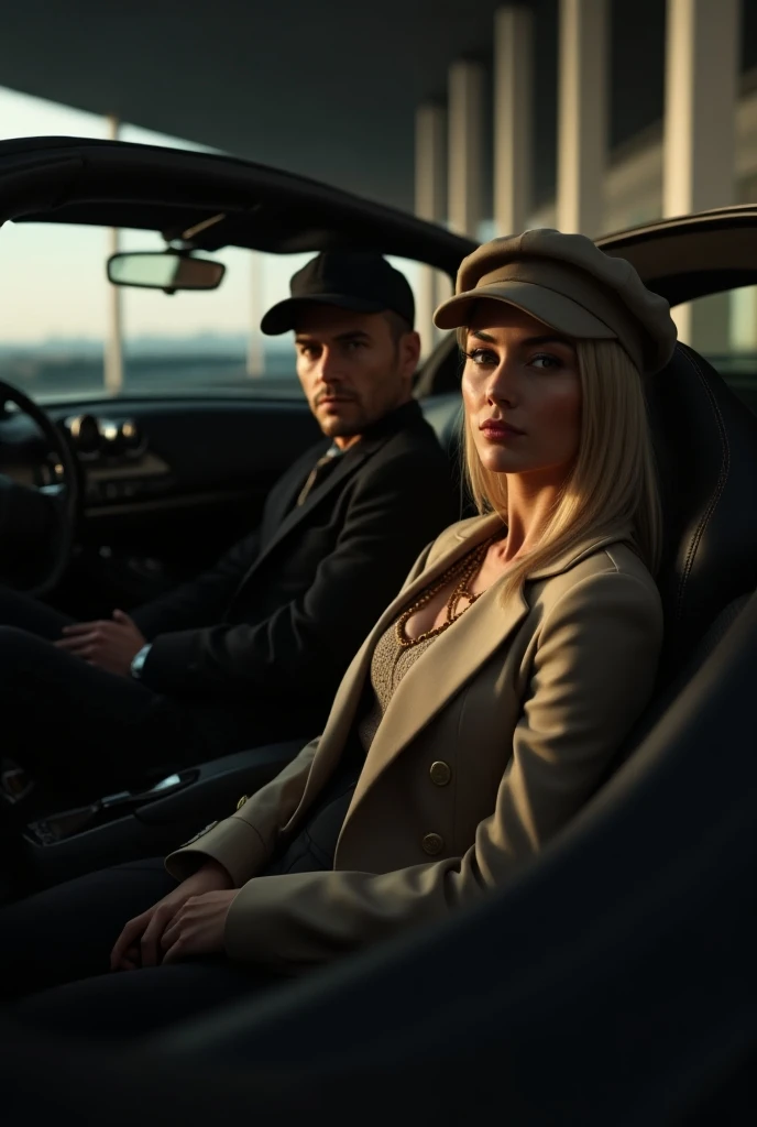 Make a man wearing a black cap inside the Ferrari, The photo is positioned on the side, Move the camera away,  add a blonde woman with it, She wears a beige cap  