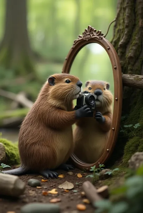 A beaver taking pictures in front of a real mirror