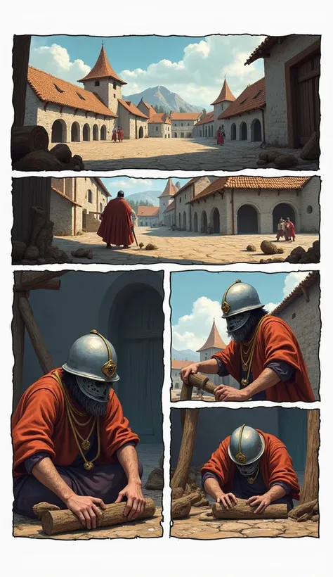 
"Storyboard, Comic book panel layout with white border, Multiple views 6 paneles A peasant is kneeling with his head resting on a piece of wood, in the background an executioner wearing a medieval helmet cuts off the head of the kneeling peasant in the sq...