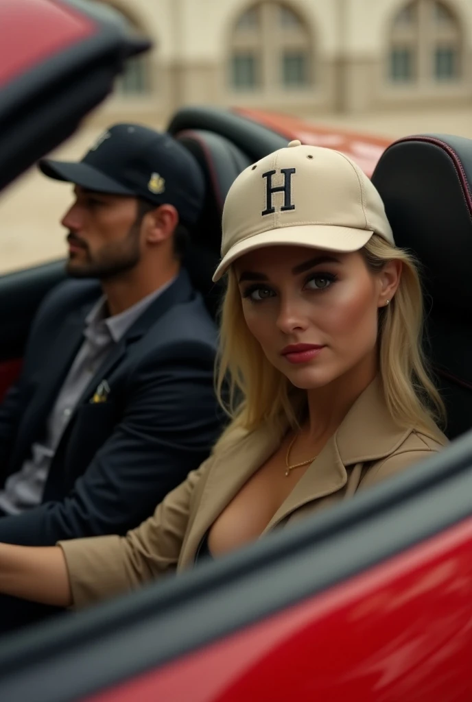 Make a man wearing a black cap inside the Ferrari, The photo is positioned on the side, Move the camera away,  add a blonde woman with it, She wears a beige cap , Do the caps have the letter H on the front