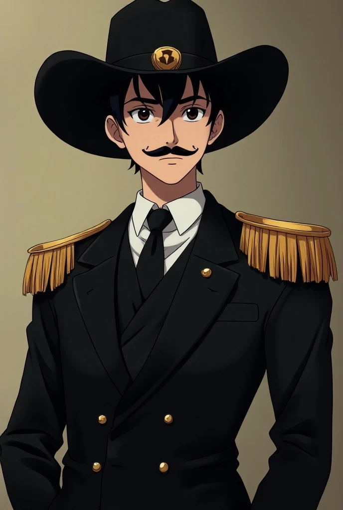  anime style, a young cowboy wearing a black mustache , black general suit ,  cowboy hat and gold shoulder pads