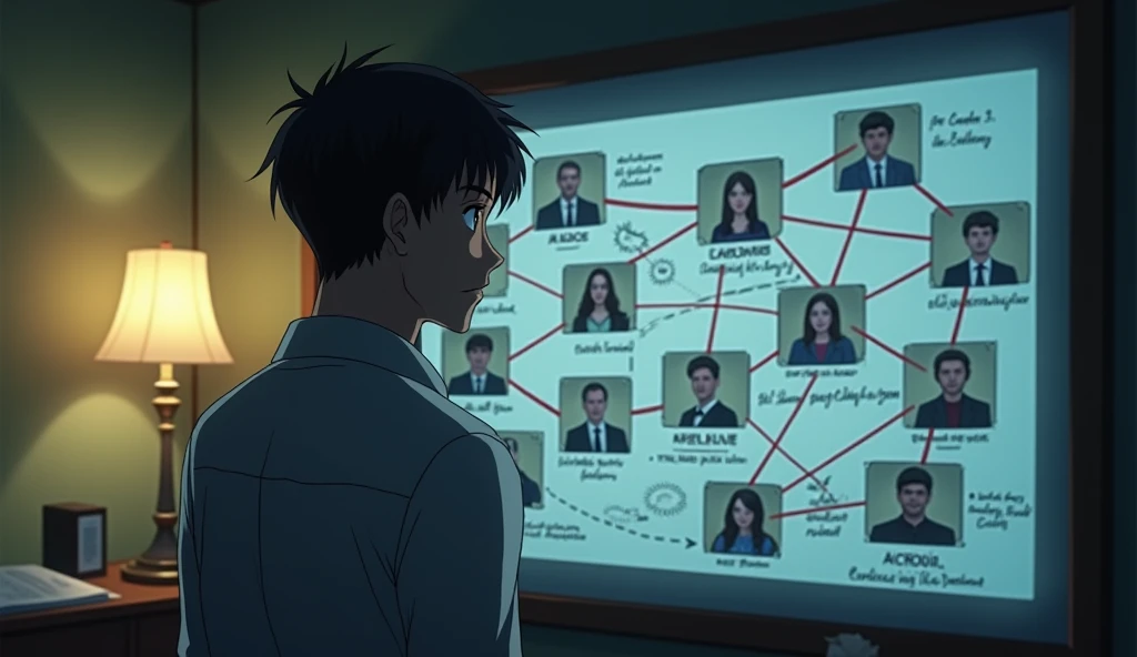 Detective Toudou, middle-aged with short hair, discovers a hidden conspiracy. He stands before a whiteboard in his dimly lit office, illuminated by a single lamp. The board is covered in a complex, handwritten diagram, with photos of people connected by re...