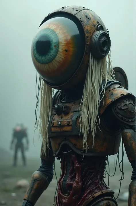  big mechanical eye , body horror, sombrio,full body,4K,hdr,gore,astronaut,creature,close full body,color metal red,rusted metal, gray setting , detailed,Rain acid , wearing a mask and especially , duality in eye colors , white-haired, extremely long hair,...