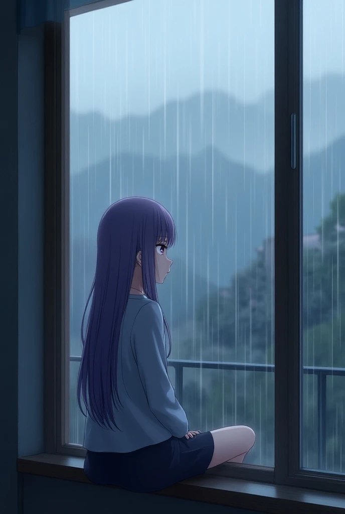  A Japanese teenager sitting in front of a window watching the rain fall, She peeled long and light purple just like her purple eyes but more intense 