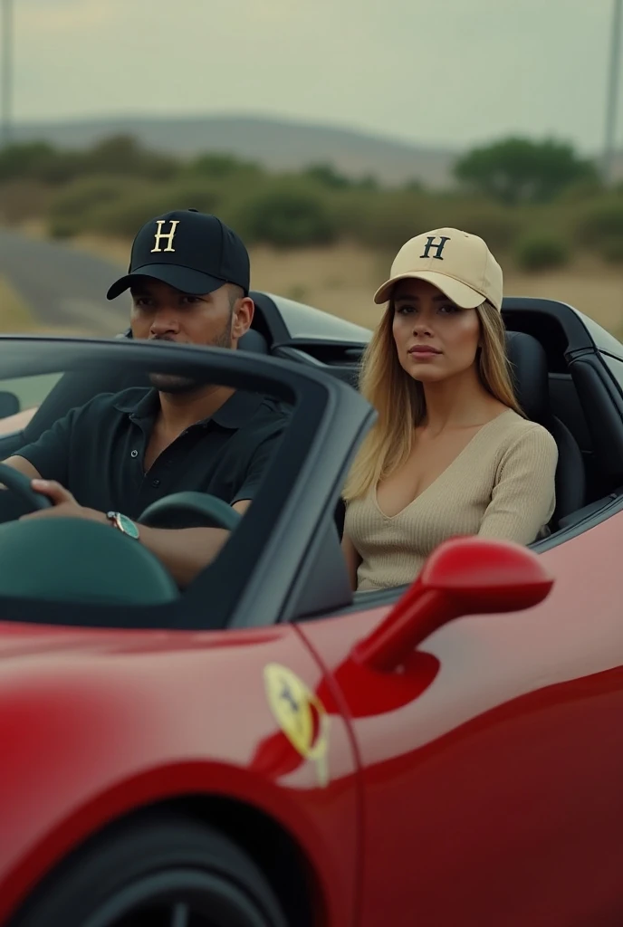 Make a man wearing a black cap inside the Ferrari, The photo is positioned on the side, Move the camera away,  add a blonde woman with it, She wears a beige cap , The caps have the letter H on the front hes driving 