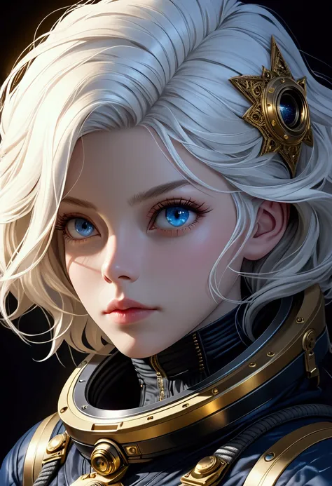 a woman with golden-white hair,blue eyes,black spacesuit,detailed realistic portrait,highly detailed face,intricate details,cinematic lighting,dramatic color palette,photorealistic,masterpiece,8k,ultra-detailed