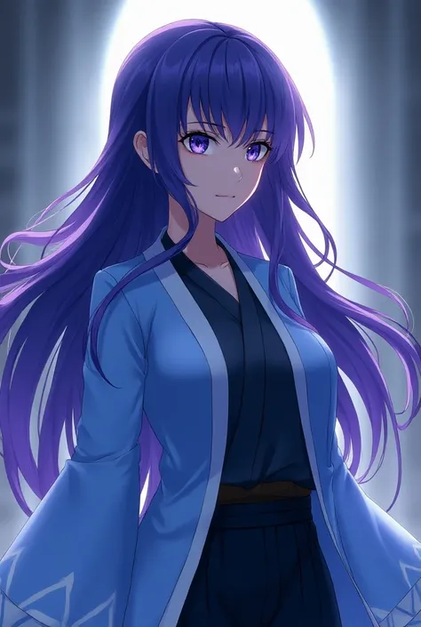 A bewitching and mature anime-style beauty
Long purple hair that hides the waist　
 turn a section of ones bangs blue blue blue with blue highlights on the bangs　Part of the bangs is blue　Dark Eyes　Sharp, Cool Eyes 　Light blue haori coat　Blue coat with whit...