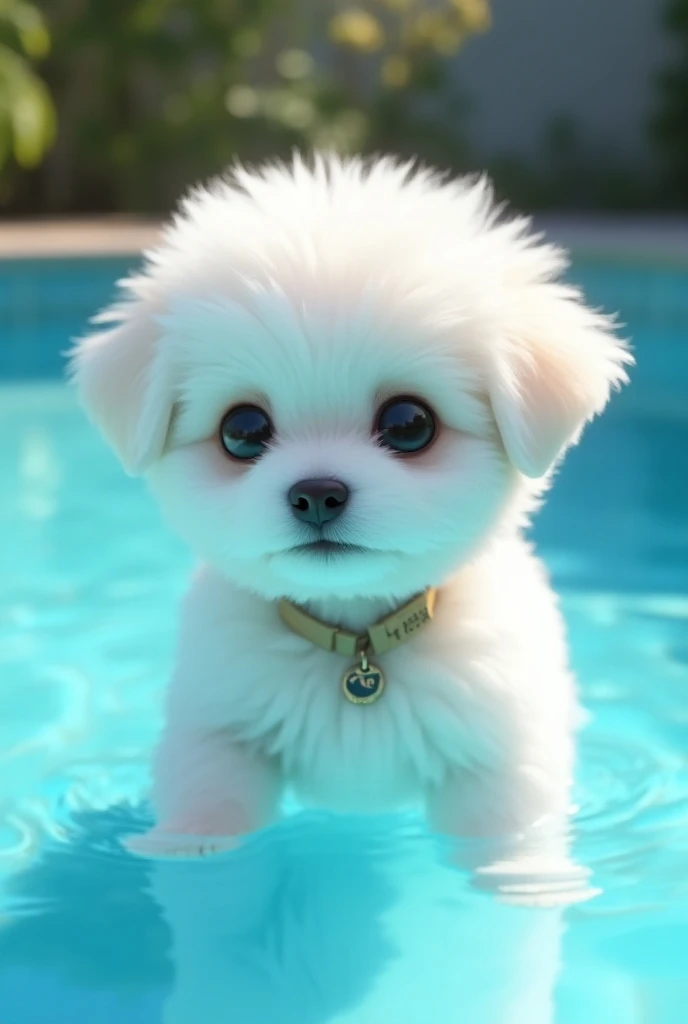 Fresch Pool fluffy white puppy with pretty eyes that has a bony collar with the name “Terry”