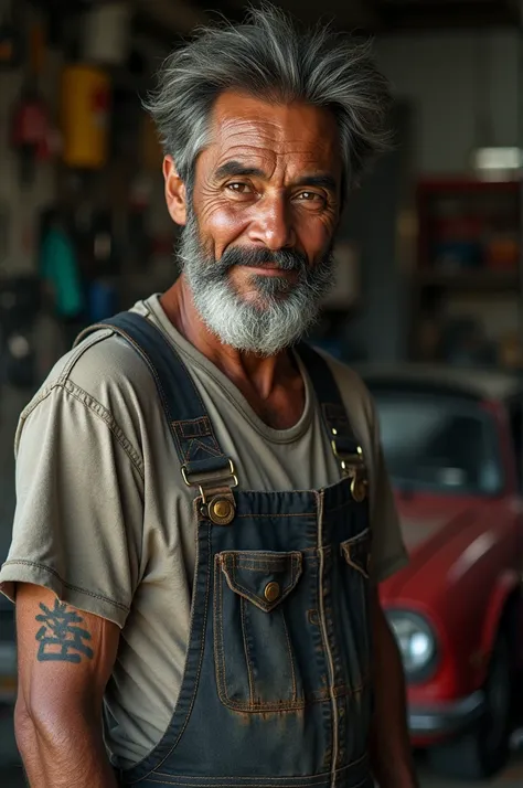 ((best quality)), ((masterpiece)), (detailed), mesmerizing and alluring Indonesian male 50th years old mechanic covered in grease,Confident smile，Look into the camera，(Dirty and rugged charm:1.2), (tough and confident demeanor:1.1), (mechanical expertise:1...