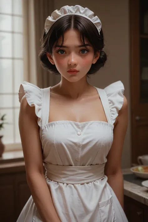 1Girl Detective Conan: Mori Ran Maid White Apron Looking Over Here, Her Erotic Figure Blushing, Top Quality, Masterpiece Anime