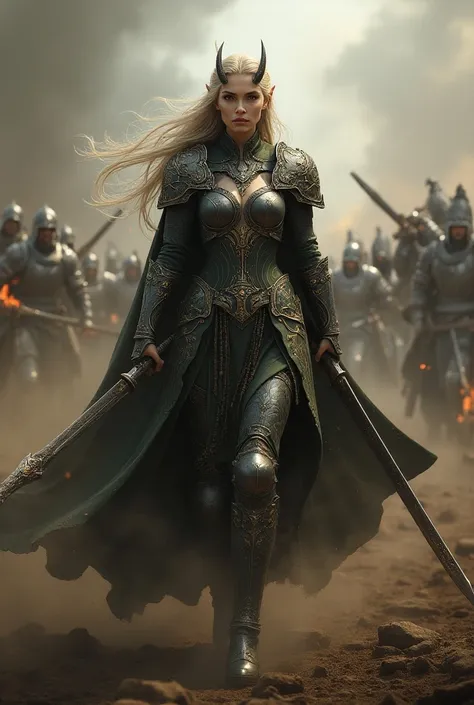 Beautiful elvish queen in battle armor wading through combat