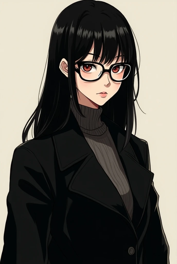  Make a woman in manga traits,  she wears glasses and is 35 years old .  has black hair , smooth and long,  her outfit is a black overcoat . Her face is neutral 