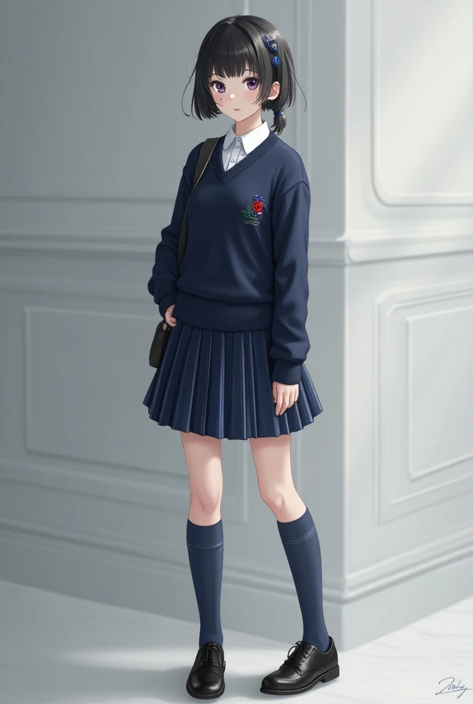  student wearing a white shirt , navy blue sweater .  navy blue skirt with plumed and blue stripes  , with long socks in navy blue and black school shoes and the hair held with lenses more human 