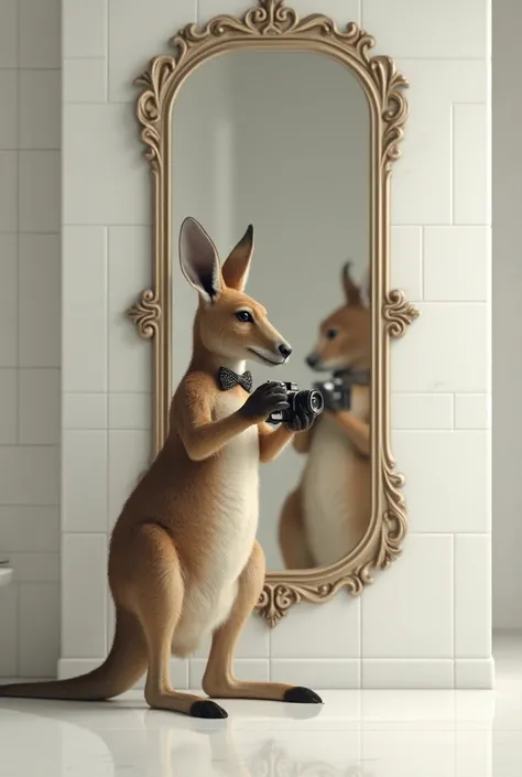 Create an image of a kangaroo taking a good-looking photo in the mirror  