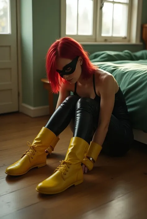 a teenage girl with red hair collapsing to the floor, teenage girl wearing tight-fitting skintight push up wedgie tight sexy light red long sleeve full body leather uniform, teenage girl wearing yellow leather boots and yellow leather gloves, teenage girl ...