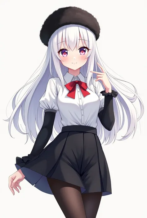  An anime girl in a white shirt and a short black skirt, In addition to wearing a black ,  and in her pupils a figure of a heart , her long white hair , and she has long black tights ,  Russian ushanka and has black sleeves that reach up to her elbow 
