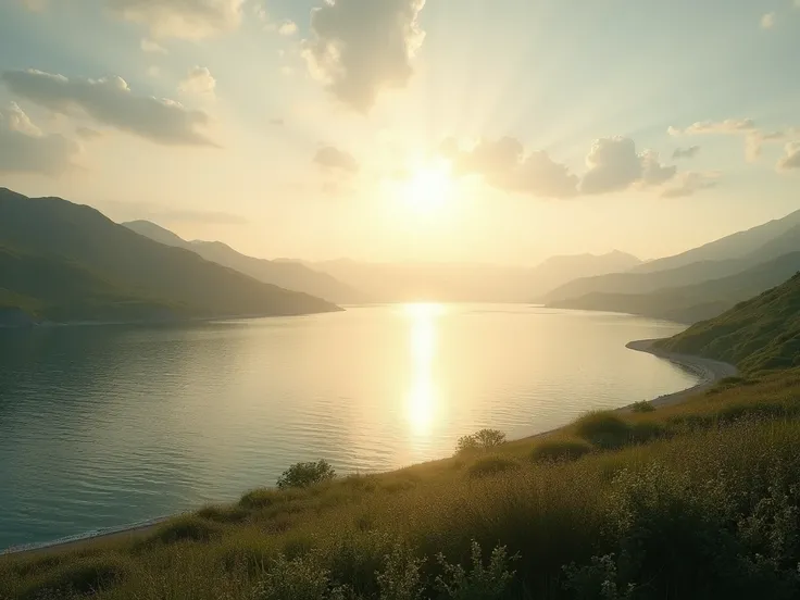 1920 x 1080 resolution Landscape image of the Sea of Galilee at dawn,  sound of water and birdsong , atmosphere of mystery and suspense 