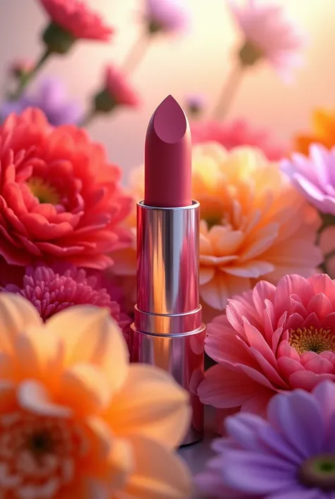 lipstick with flowers around it (the colors of flowers are violet, vibrant red, pink, peach, orange and make the lipstick simple that is stainless )