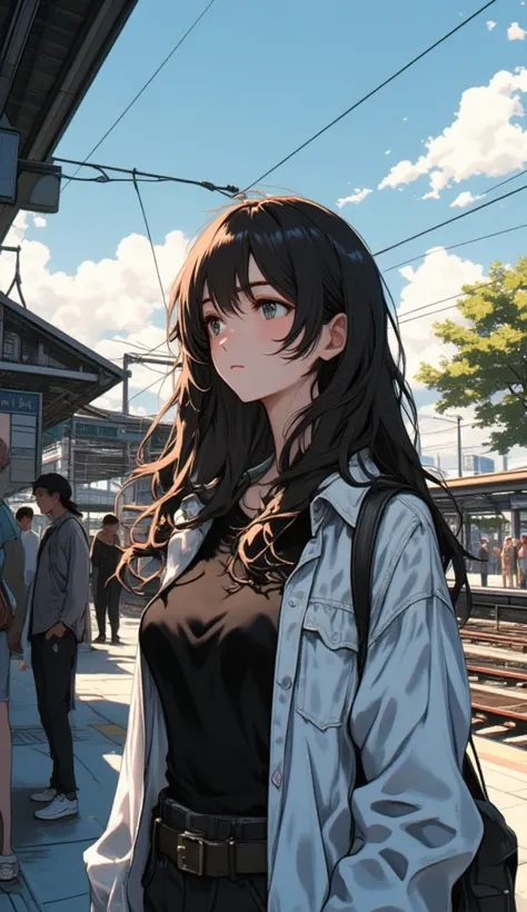  women have dark brown long hair with bangs 、 wearing a black top under a white shirt on the station platform１People looking down and waiting for the train, the tree is blowing 

