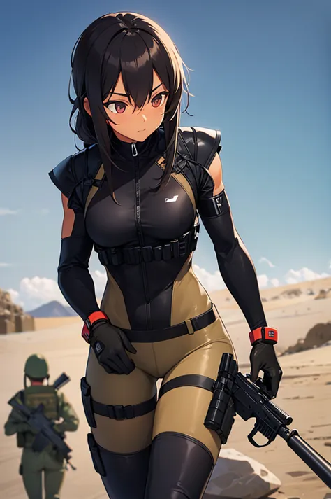 tanned skin female special forces sniper in a bodysuit