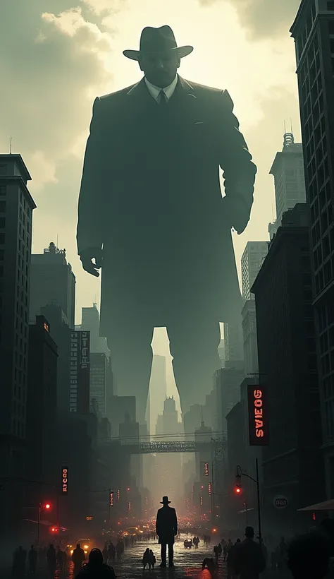 Concept art of a metropolis with a massive, oversized silhouette or shadow of Al Capone dominating the cityscape, with tiny figures of citizens and buildings below"
