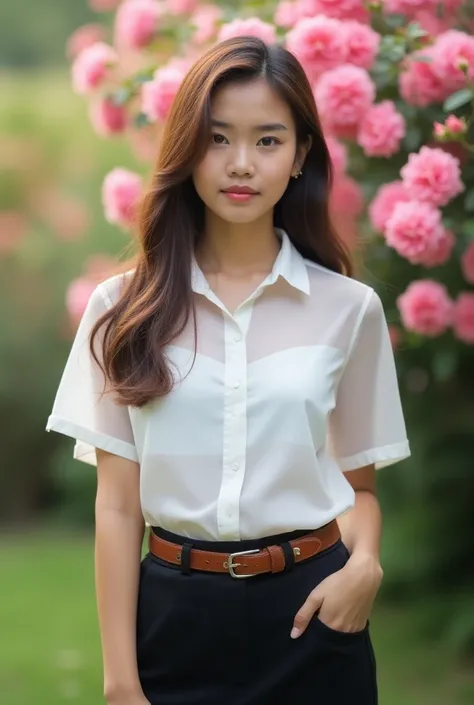 A photography of thai woman 18 years old standing outdoors in a garden setting filled with blooming pink roses in the background. She is wearing Mahalai uniform, sheer white short sleeve shirt, short black pencil skirt, brown belt, She has long, straight b...