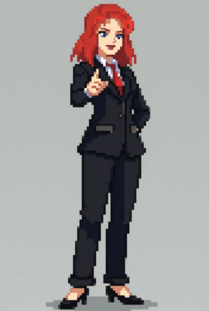 Make a pixel art in the style of Pokémon black of a 40-year-old adult red-haired woman
with a black suit and red tie black high heels 
Pointed the finger of the right hand pointing in the direction of the screen 
Pixel art
Whole body