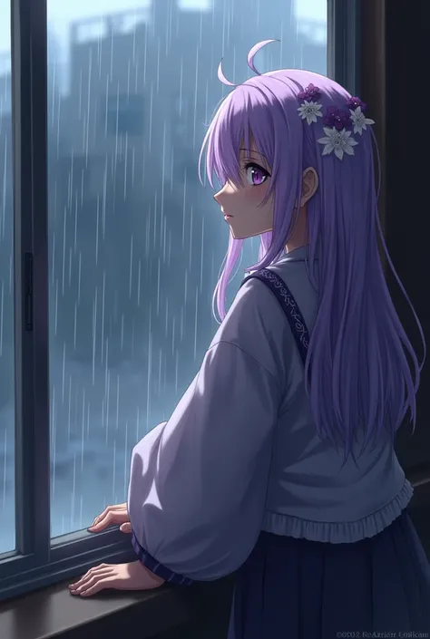  A Japanese teenager sitting in front of a window watching the rain fall a little depressed, long hair, disheveled and light purple just like her purple eyes but more intense ,  clothes with purple and white brooches on her head and dark circles, wearing b...