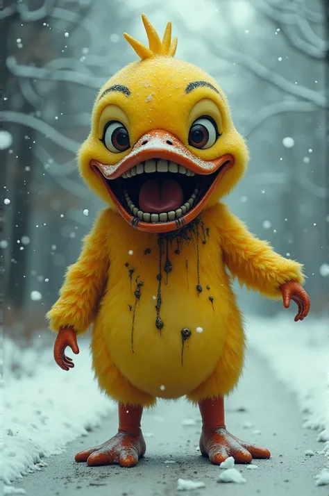 Generate me a scary man from Japan and snowing and does drugs and in a duck mascot costume