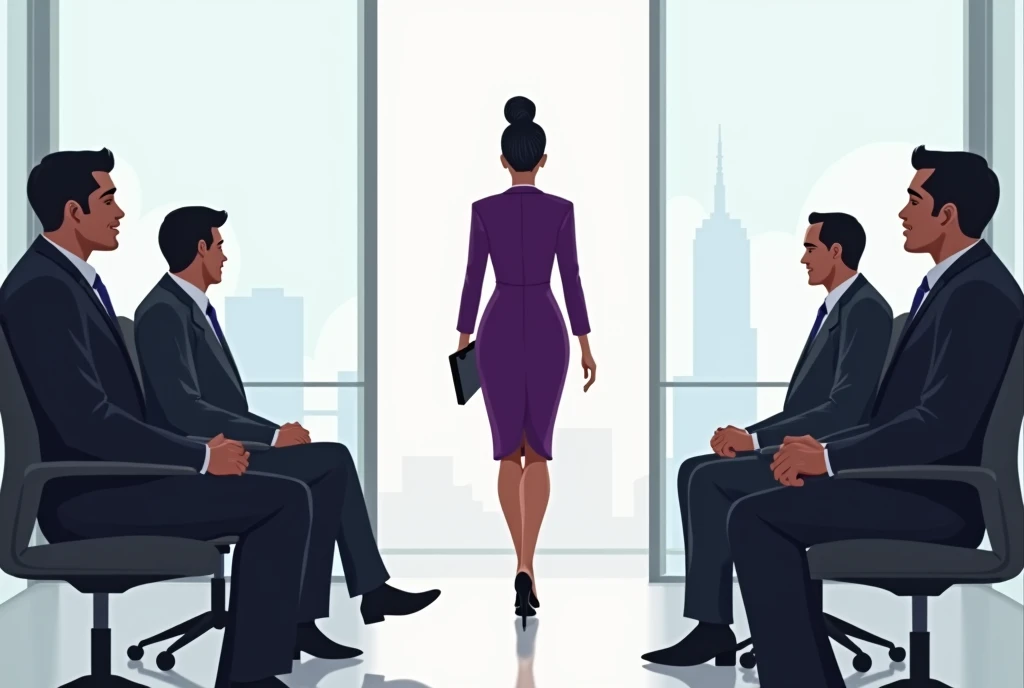  a 30-year-old Guatemalan woman with her black hair tied up , formal purple dress with high heels ,  entering a white office with large windows where 5 men are seated in formal attire