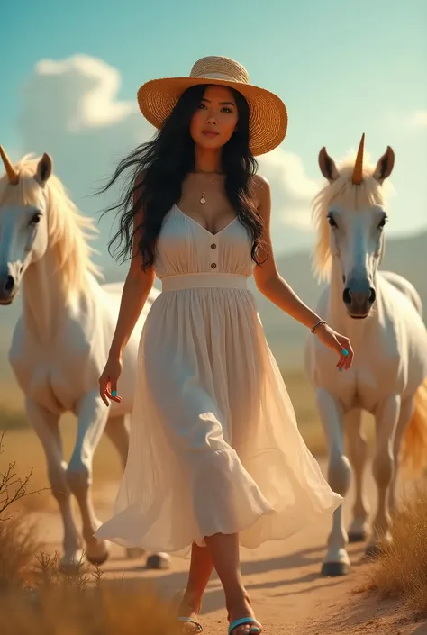 M4r1ann3Dv4z, woman, smiling, donning a breezy summer dress, a wide-brimmed hat, and comfortable sandals, black hair, brown eyes, dimples, blue nails, cinematic lighting, intricate details, realistic, 8k, walking in a super crazy image with unicorns that i...