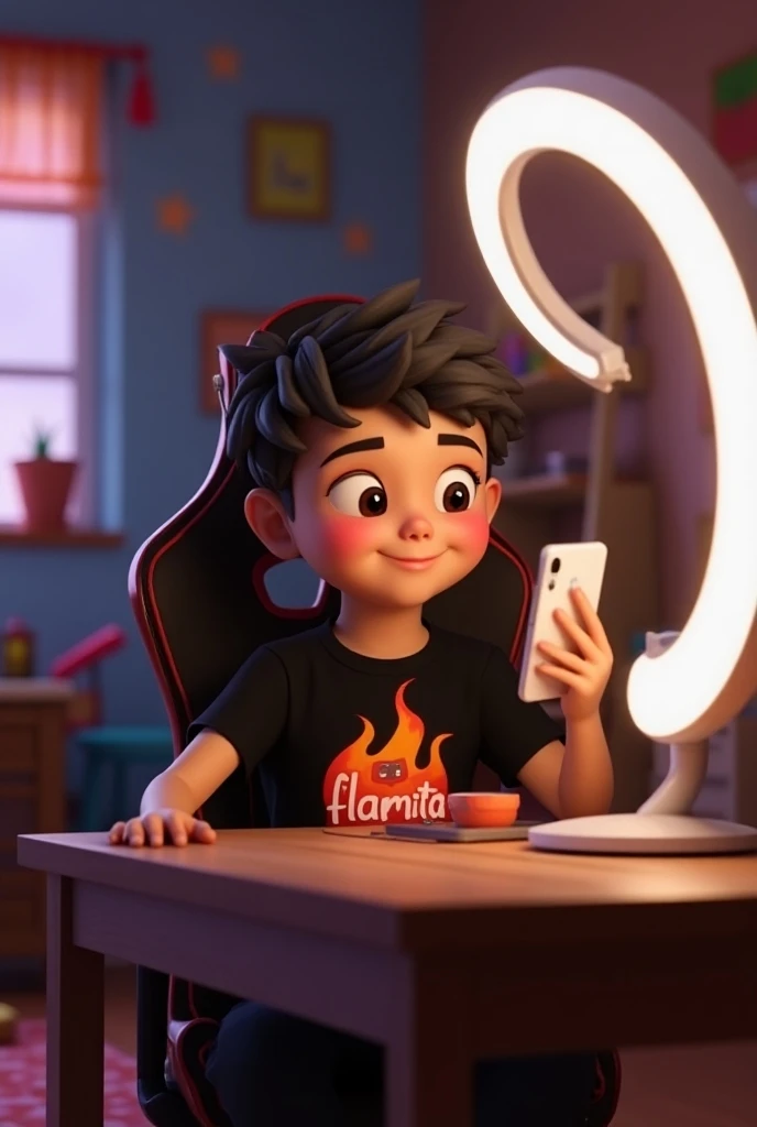 Fondo tipo pixar un niño sentado  en su silla gamer Aldo de una mesa con una camisa negra que diga flamita 🔥en La camisa con su celular blanco grabando videos con un aro de luz sea  blanco enfrente que sirve para ilusionar 