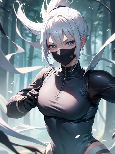 1 Beautiful white haired, girl, ponytail, blue eyes, ninja girl, fight, forest cgi background, ninja face mask, full, solo, hyperdetailed body