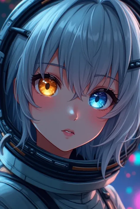 ( Close-up of a better masterpiece: 1.5) 0.9], ( anime girl ) (Disheveled silver hair: 1.1) ( Heterochromia xanthochromia and blue eyes: 1.2) (space helmet: 1.0) ( colorful stars in the eyes : 1.0) (A radiant glow: 1.1) ( big boobs: 0.9)(new)