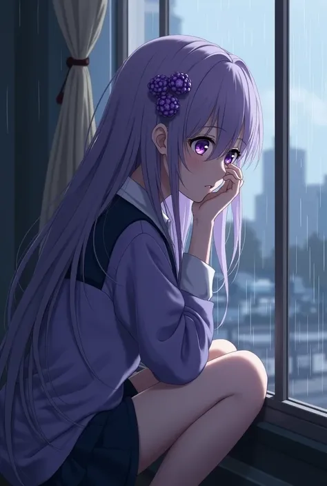  A Japanese teenager sitting in front of a window watching the rain fall a little depressed, long hair, disheveled and light purple just like her purple eyes but more intense ,  clothes with purple and white brooches on her head and dark circles, wearing b...