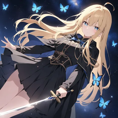  anime style,Woman holding a sword, a woman holds a sword in front of her body .,Blonde,Long Hair,  wearing a black cloak , blue eyes,Sparkling Eyes,Sparkling Eyesのハイライト ドレスの衣装,Wear a black cloak , a blue butterfly flutters its wings , noble atmosphere, a ...