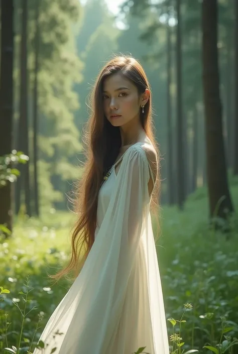  a woman standing in a white dress, long haired,  is in a pine forest ,  looking forward , with a beautiful face , and smiled faintly