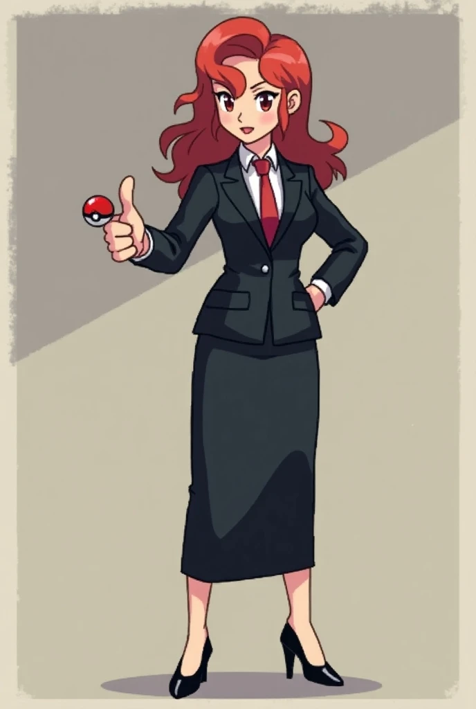 Make a pixel art in the style of Pokémon black of a 40-year-old adult red-haired woman
with a black suit and red tie black high heels 
Pointed the finger of his right hand pointing in the direction of the screen his left hand is he holding a pole ball
Pixe...