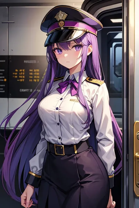  1 beautiful girl with pieces 　Shows up to the waist　 light purple loosely rolled long hair　Purple eyes　Expressionless　Uniforms that look like a conductors military uniform　A hat that looks like a train conductors military hat　Conductor　Inside the station